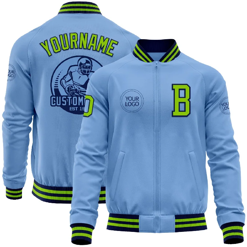 Fishing knot tool-Custom Light Blue Neon Green-Navy Bomber Varsity Letterman Zipper Jacket