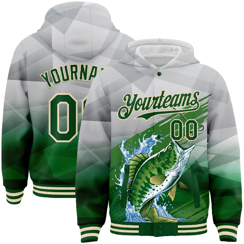 Fishing line marker-Custom Gray Green-Cream Largemouth Bass Fish Fishing 3D Bomber Full-Snap Varsity Letterman Hoodie Jacket