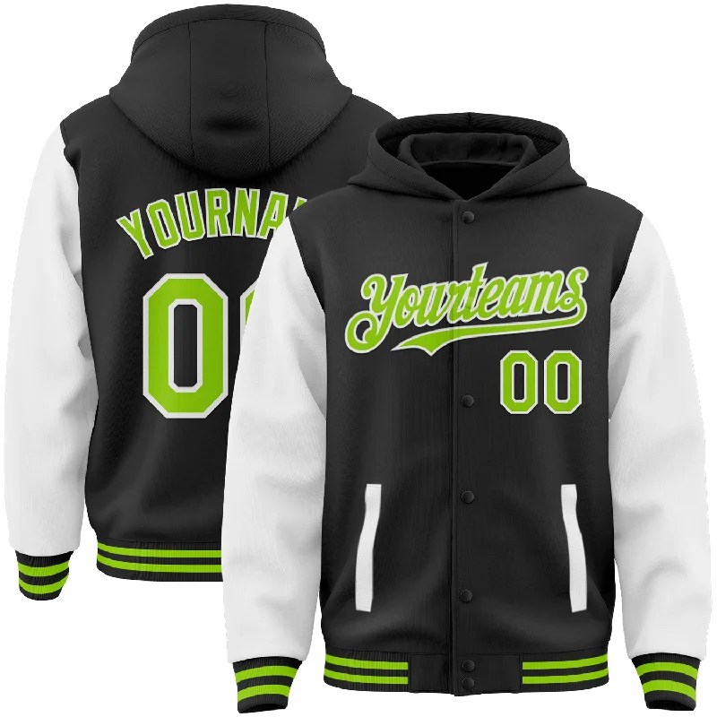 Fishing line low memory-Custom Black Neon Green-White Bomber Full-Snap Varsity Letterman Two Tone Hoodie Jacket