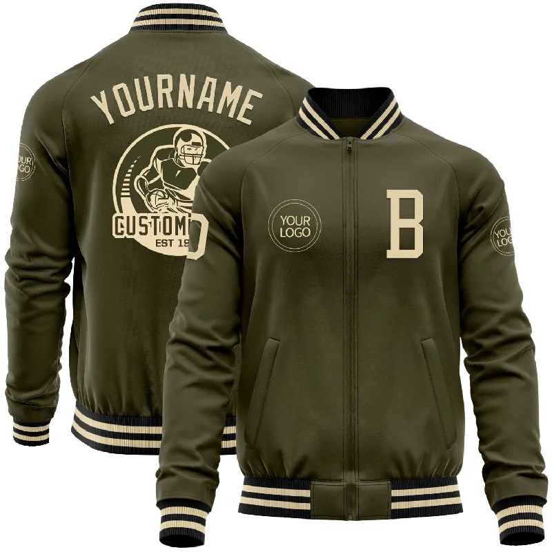 Fishing reel premium-Custom Olive Cream-Black Bomber Varsity Letterman Salute To Service Zipper Jacket