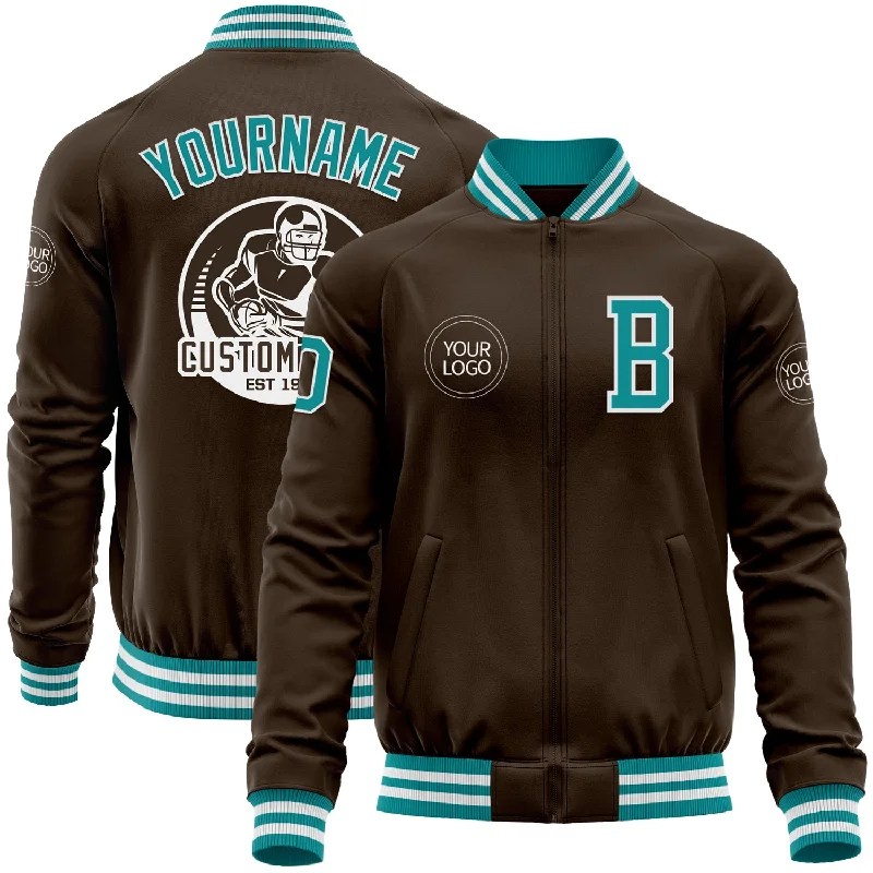 Fishing tackle compact bag-Custom Brown Teal-White Bomber Varsity Letterman Zipper Jacket