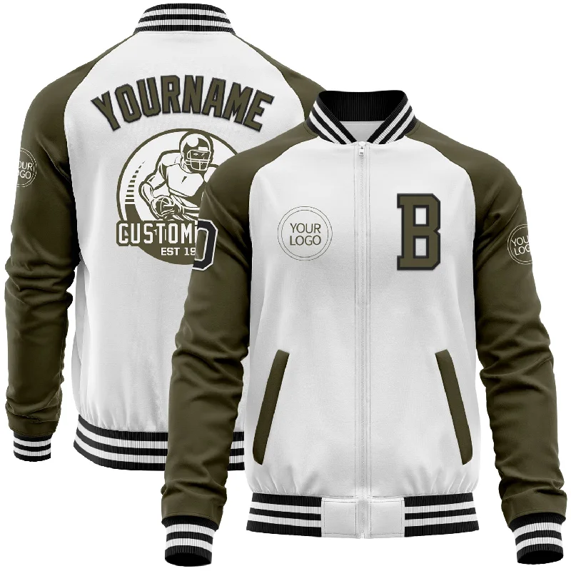 Fishing reel handle-Custom White Black-Olive Bomber Varsity Letterman Two Tone Zipper Jacket