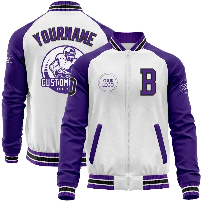 Fishing rod holder-Custom White Black-Purple Bomber Varsity Letterman Two Tone Zipper Jacket