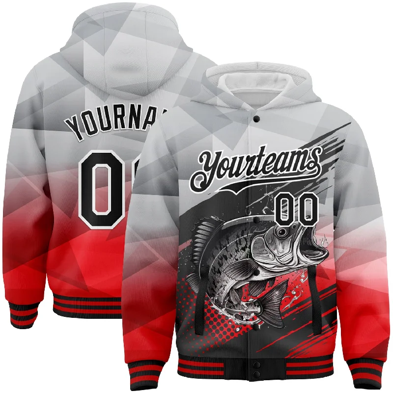 Fishing reel tool-Custom Gray Black-Red Largemouth Bass Fish Fishing 3D Bomber Full-Snap Varsity Letterman Hoodie Jacket