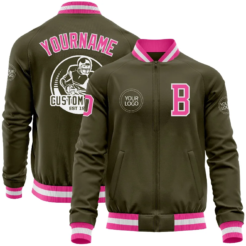 Fishing line fast sinking-Custom Olive Pink-White Bomber Varsity Letterman Salute To Service Zipper Jacket