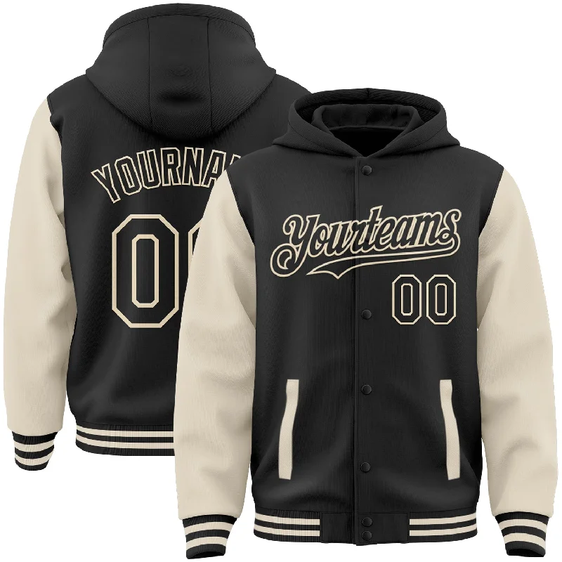 Fishing rod sleeve-Custom Black Cream Bomber Full-Snap Varsity Letterman Two Tone Hoodie Jacket