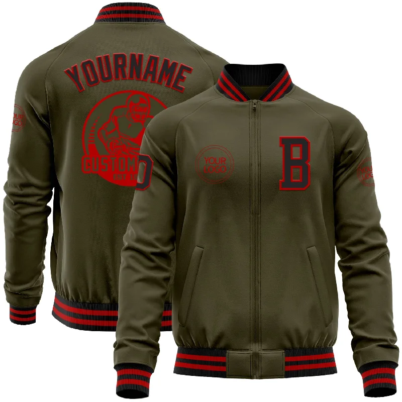 Fishing hook fast penetration-Custom Olive Black-Red Bomber Varsity Letterman Salute To Service Zipper Jacket