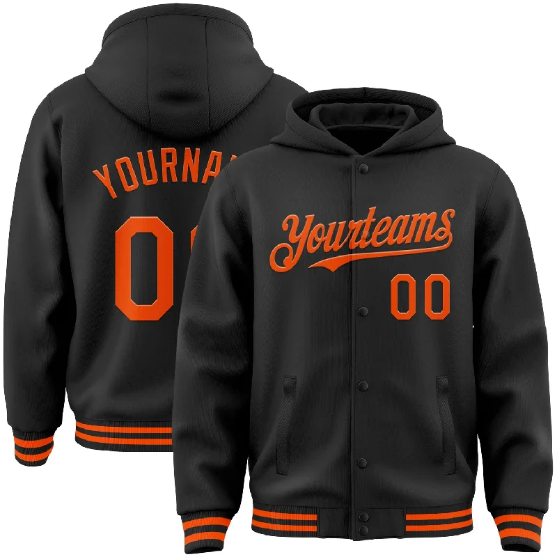 Fishing tackle foldable-Custom Black Orange Bomber Full-Snap Varsity Letterman Hoodie Jacket