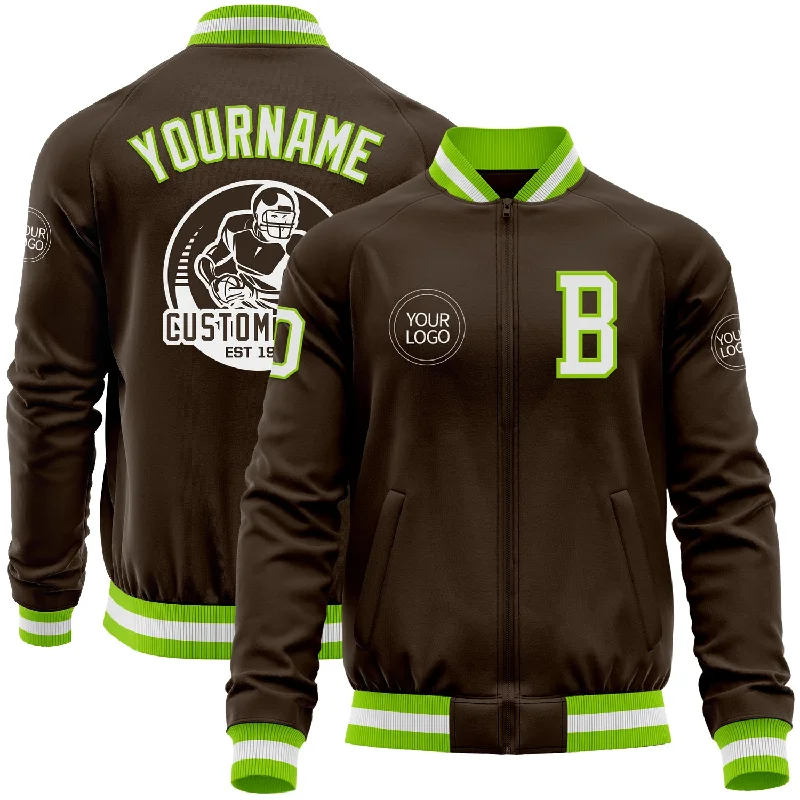 Fishing reel easy cast-Custom Brown White-Neon Green Bomber Varsity Letterman Zipper Jacket