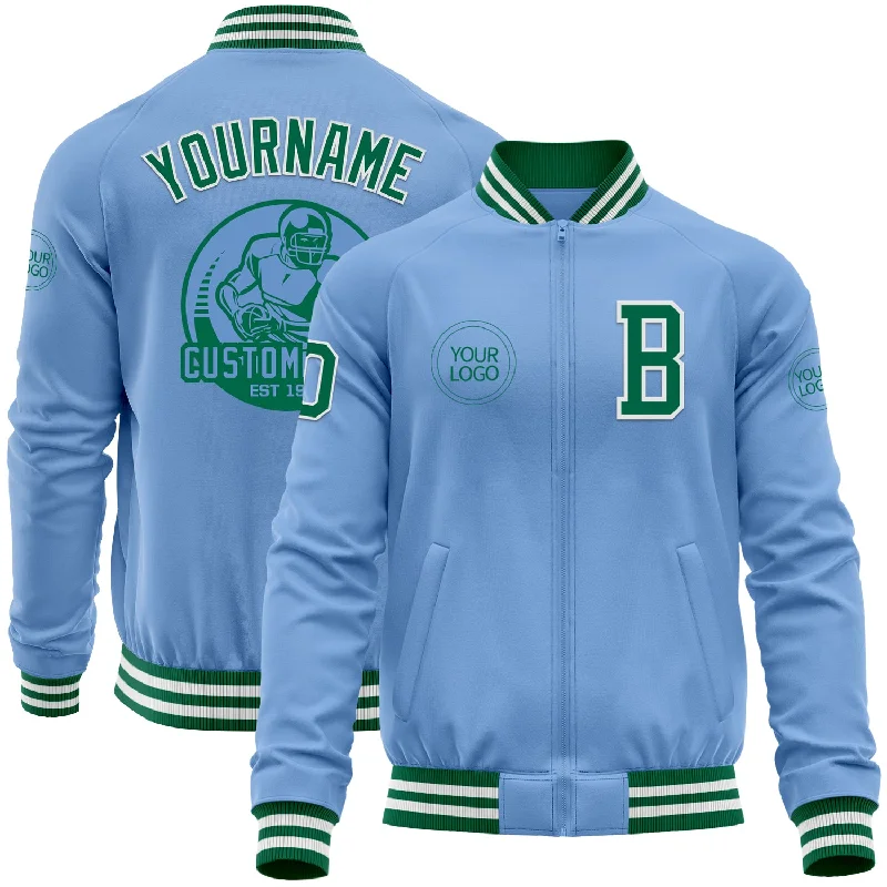 Fishing sunglasses polarized-Custom Light Blue Kelly Green-White Bomber Varsity Letterman Zipper Jacket