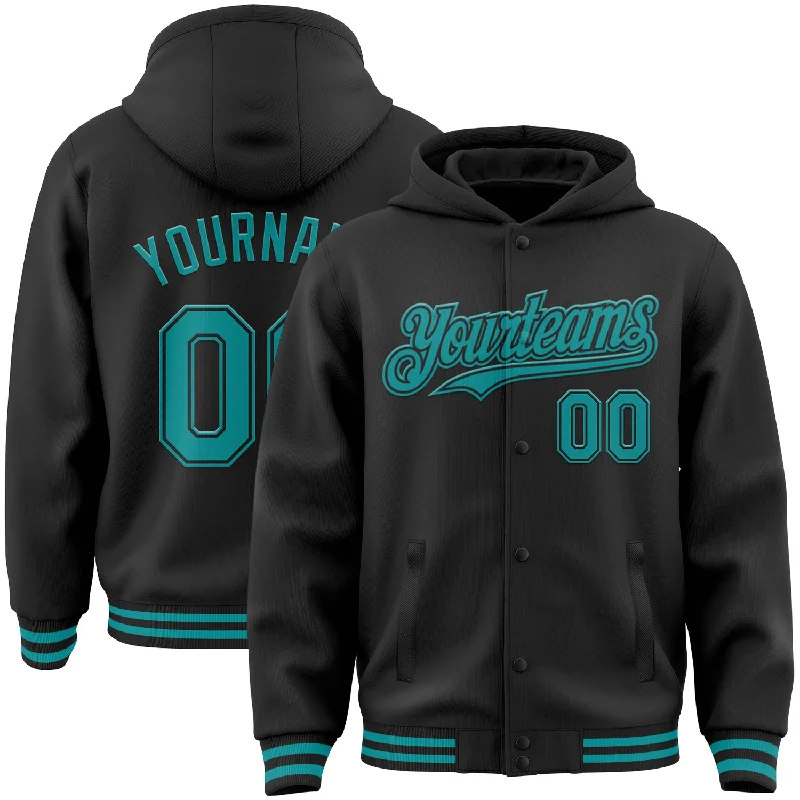 Fishing hook size chart-Custom Black Teal Bomber Full-Snap Varsity Letterman Hoodie Jacket