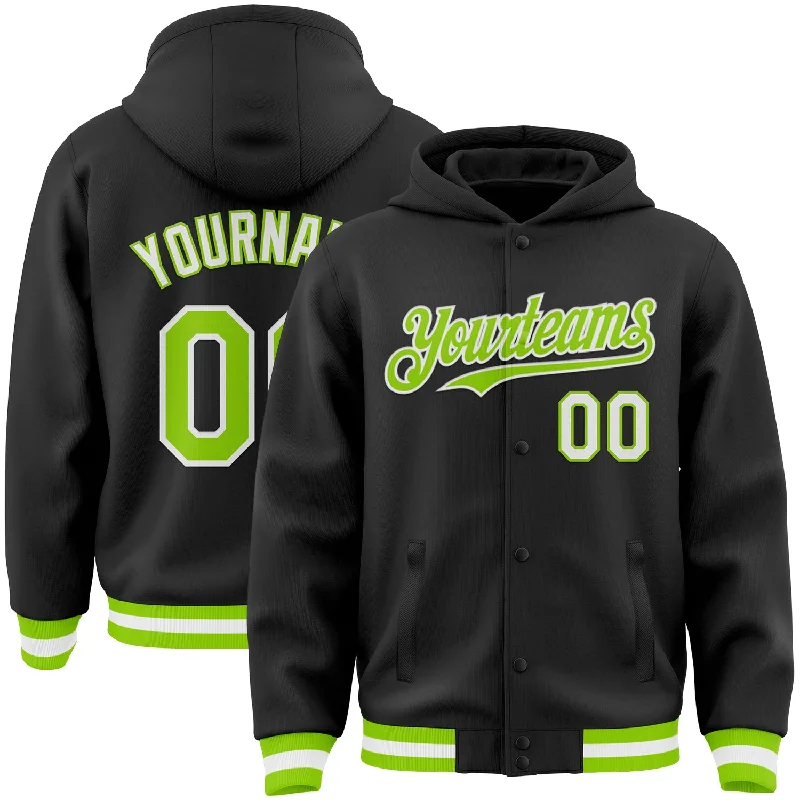 Fishing hook extra sharp-Custom Black Neon Green-White Bomber Full-Snap Varsity Letterman Hoodie Jacket