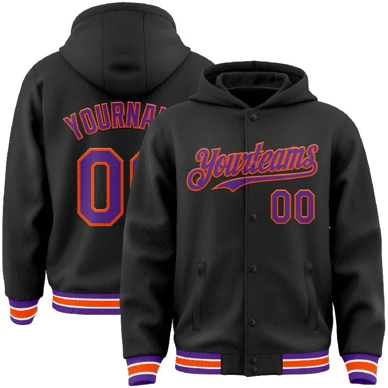 Fishing rod light action-Custom Black Purple-Orange Bomber Full-Snap Varsity Letterman Hoodie Jacket