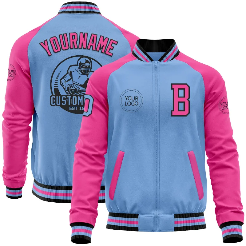 Fishing rod heavy duty-Custom Light Blue Black-Pink Bomber Varsity Letterman Two Tone Zipper Jacket