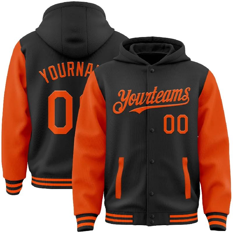 Fishing hook quick release-Custom Black Orange Bomber Full-Snap Varsity Letterman Two Tone Hoodie Jacket