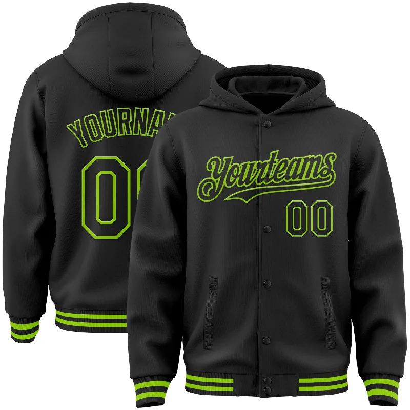 Fishing reel high torque-Custom Black Neon Green Bomber Full-Snap Varsity Letterman Hoodie Jacket