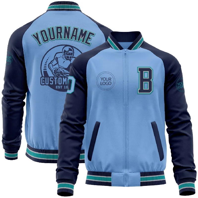 Fishing reel smooth operation-Custom Light Blue Teal Navy-Gray Bomber Varsity Letterman Two Tone Zipper Jacket