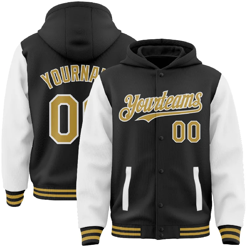 Fishing rod strong backbone-Custom Black Old Gold-White Bomber Full-Snap Varsity Letterman Two Tone Hoodie Jacket