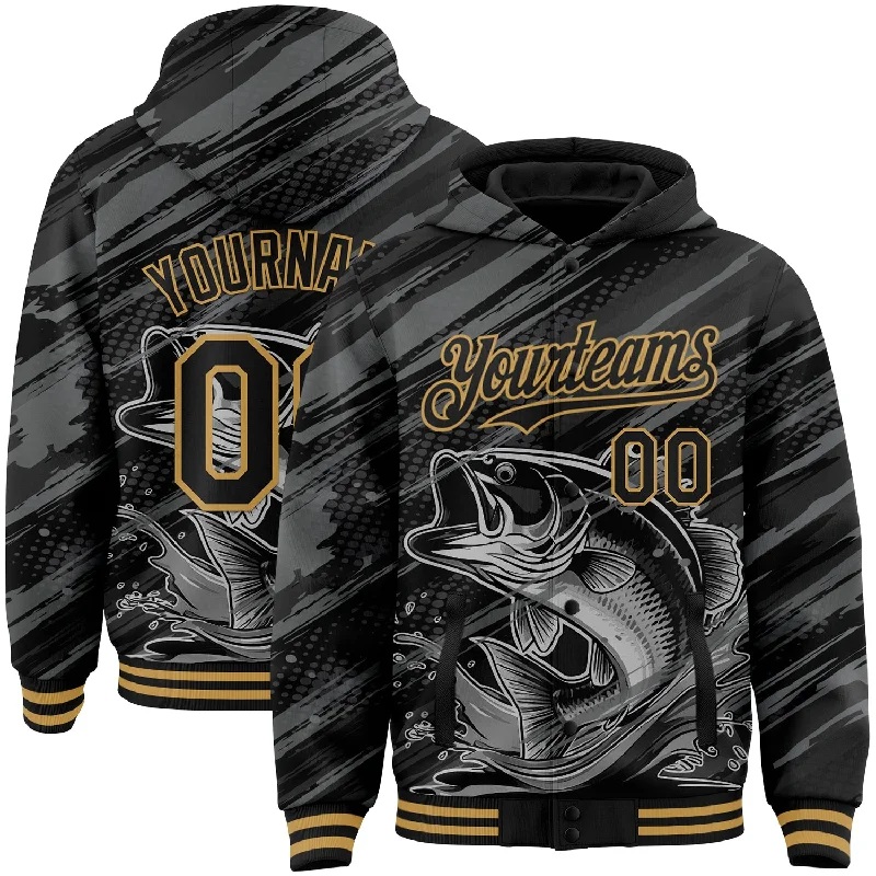 Fishing rod strap-Custom Black Old Gold Largemouth Bass Fish Fishing 3D Bomber Full-Snap Varsity Letterman Hoodie Jacket