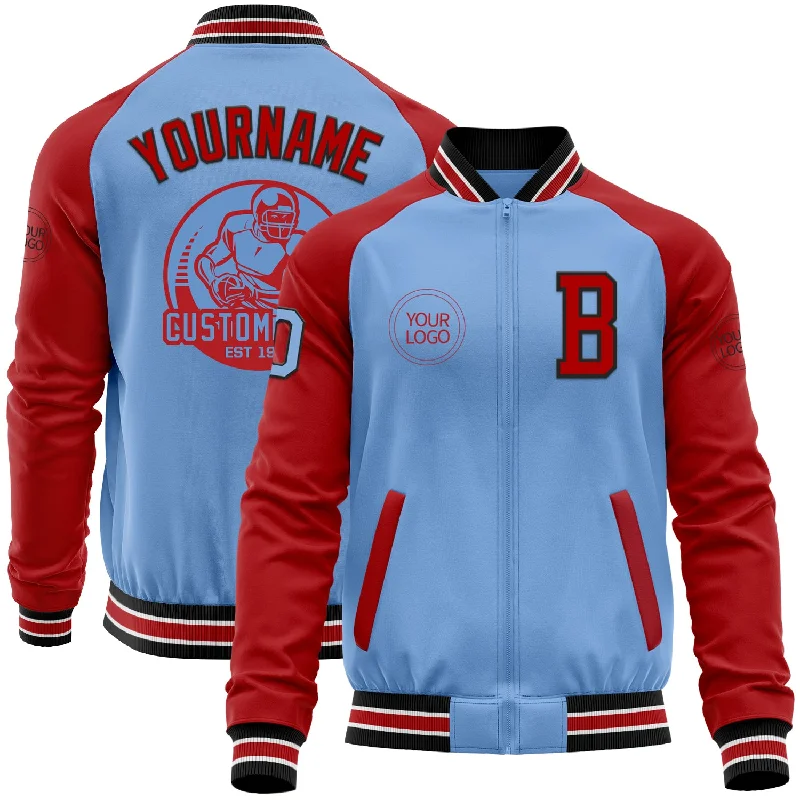 Fishing rod easy transport-Custom Light Blue Black-Red Bomber Varsity Letterman Two Tone Zipper Jacket