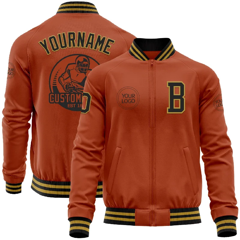 Fishing tackle rugged-Custom Texas Orange Black-Old Gold Bomber Varsity Letterman Zipper Jacket