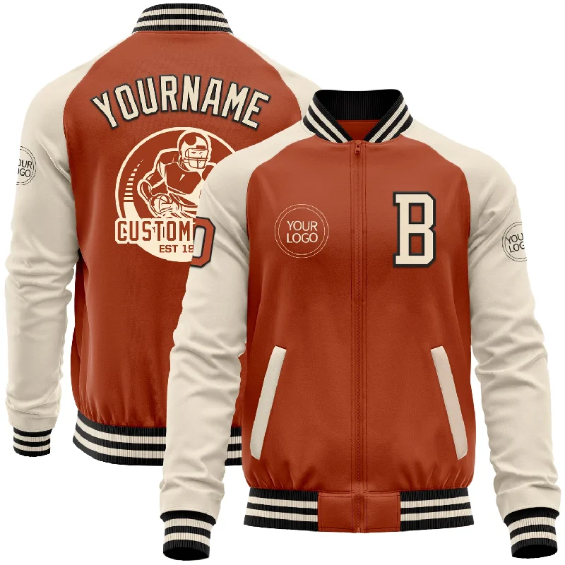 Fishing line low stretch-Custom Texas Orange Black-Cream Bomber Varsity Letterman Two Tone Zipper Jacket