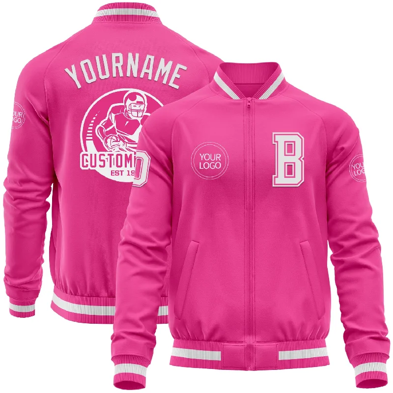 Fishing reel gear ratio-Custom Pink White Bomber Varsity Letterman Zipper Jacket