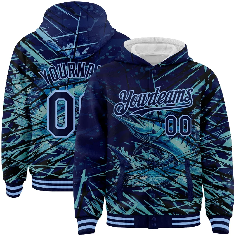 Fishing line counter-Custom Navy Light Blue Marlin Fish Fishing 3D Bomber Full-Snap Varsity Letterman Hoodie Jacket