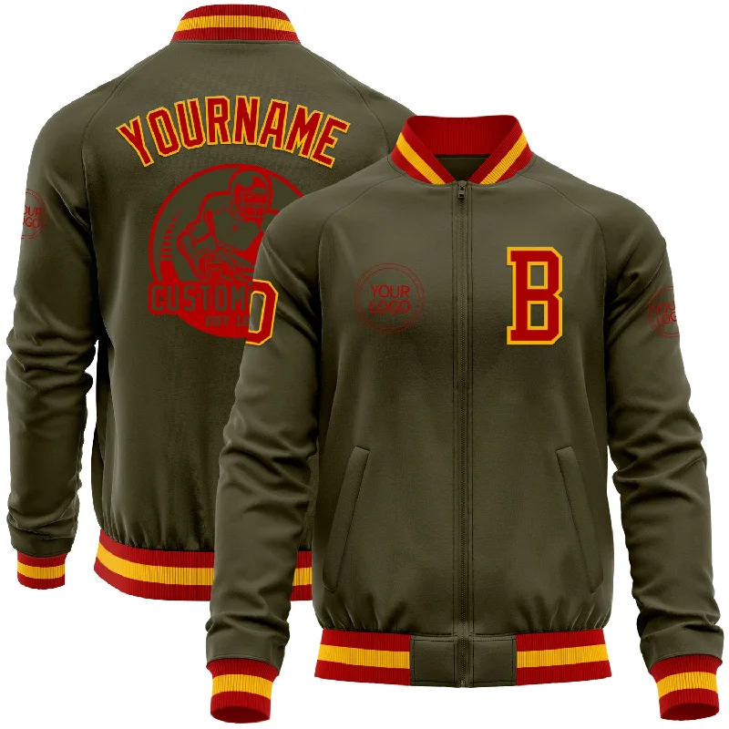 Fishing line high visibility-Custom Olive Red-Gold Bomber Varsity Letterman Salute To Service Zipper Jacket