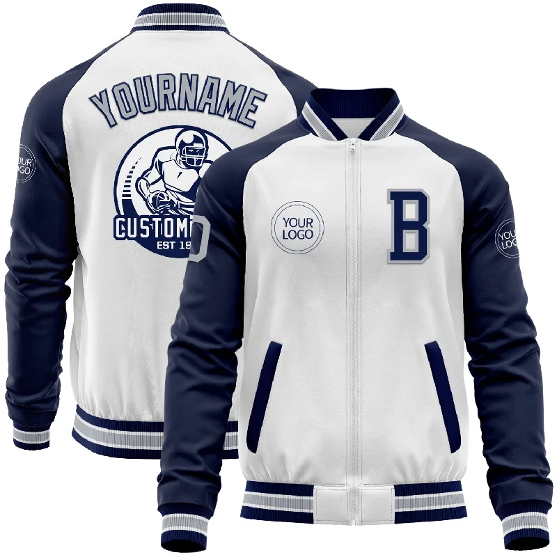 Ice fishing shelter-Custom White Gray-Navy Bomber Varsity Letterman Two Tone Zipper Jacket