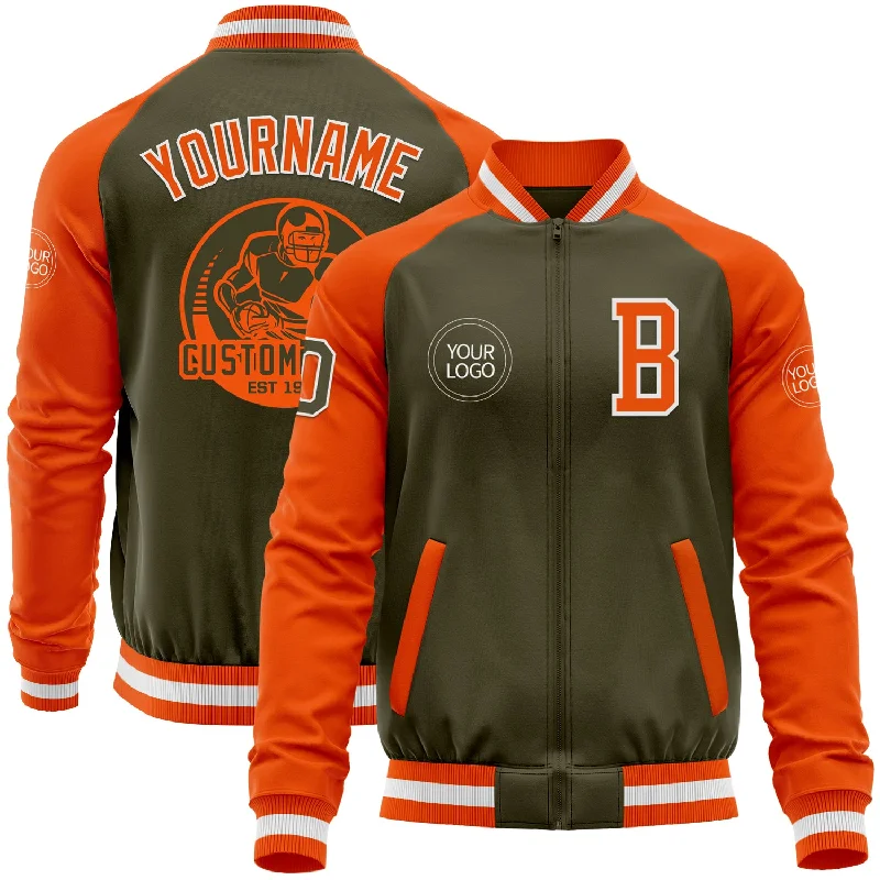 Fishing reel sturdy-Custom Olive White-Orange Bomber Varsity Letterman Two Tone Salute To Service Zipper Jacket