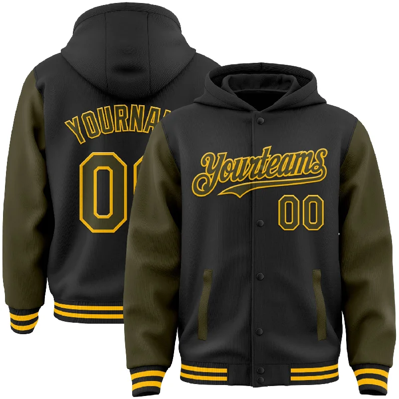 Fishing line fast sinking-Custom Black Olive-Gold Bomber Full-Snap Varsity Letterman Two Tone Hoodie Jacket