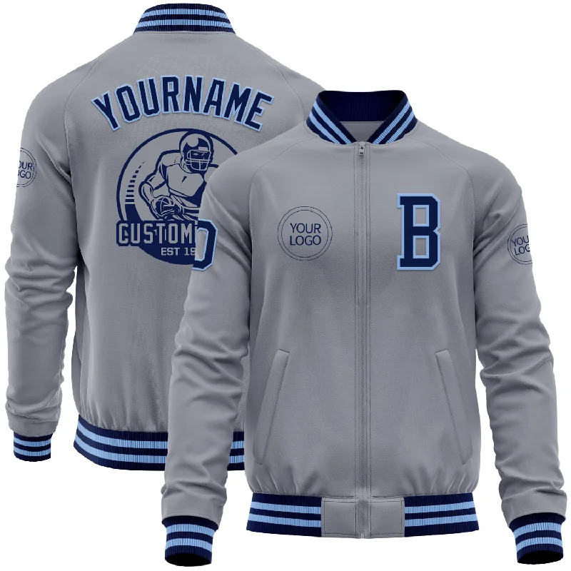 Fishing rod light action-Custom Gray Navy-Light Blue Bomber Varsity Letterman Zipper Jacket