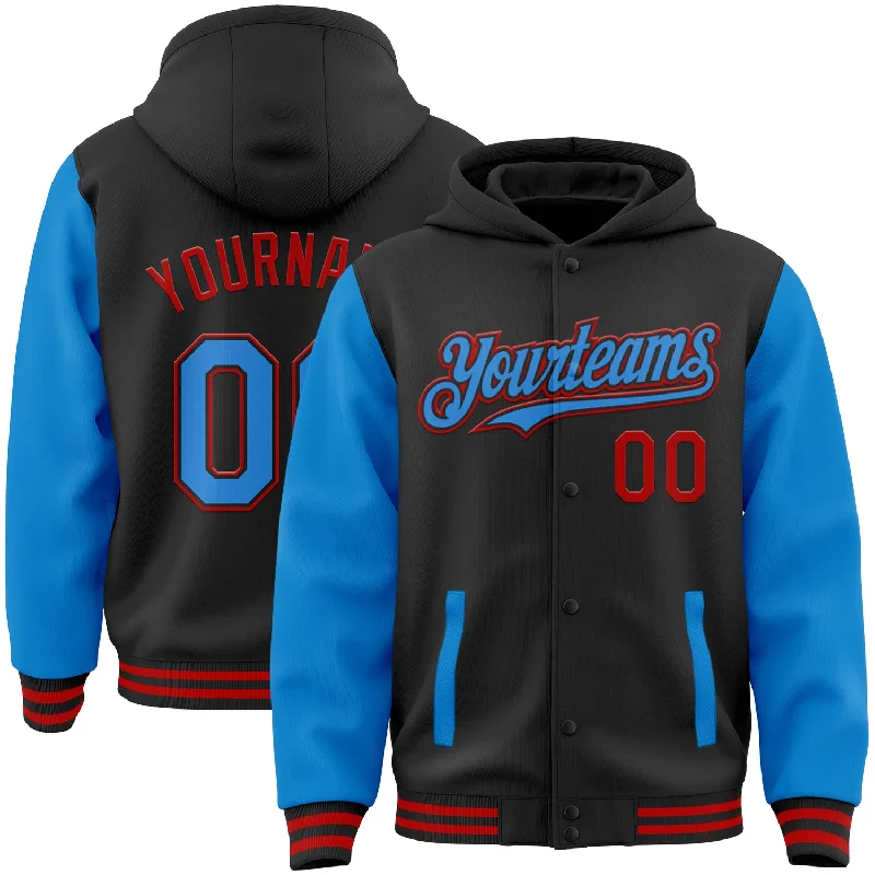 Fishing reel smooth drag-Custom Black Powder Blue-Red Bomber Full-Snap Varsity Letterman Two Tone Hoodie Jacket