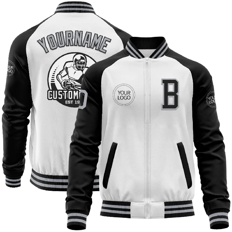 Fishing reel spool-Custom White Gray-Black Bomber Varsity Letterman Two Tone Zipper Jacket