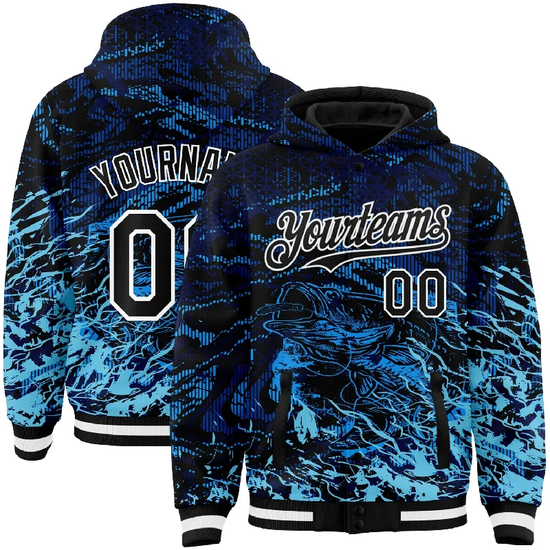 Fishing hook sharpener tool-Custom Navy Black-Light Blue Tuna Fish Fishing 3D Bomber Full-Snap Varsity Letterman Hoodie Jacket