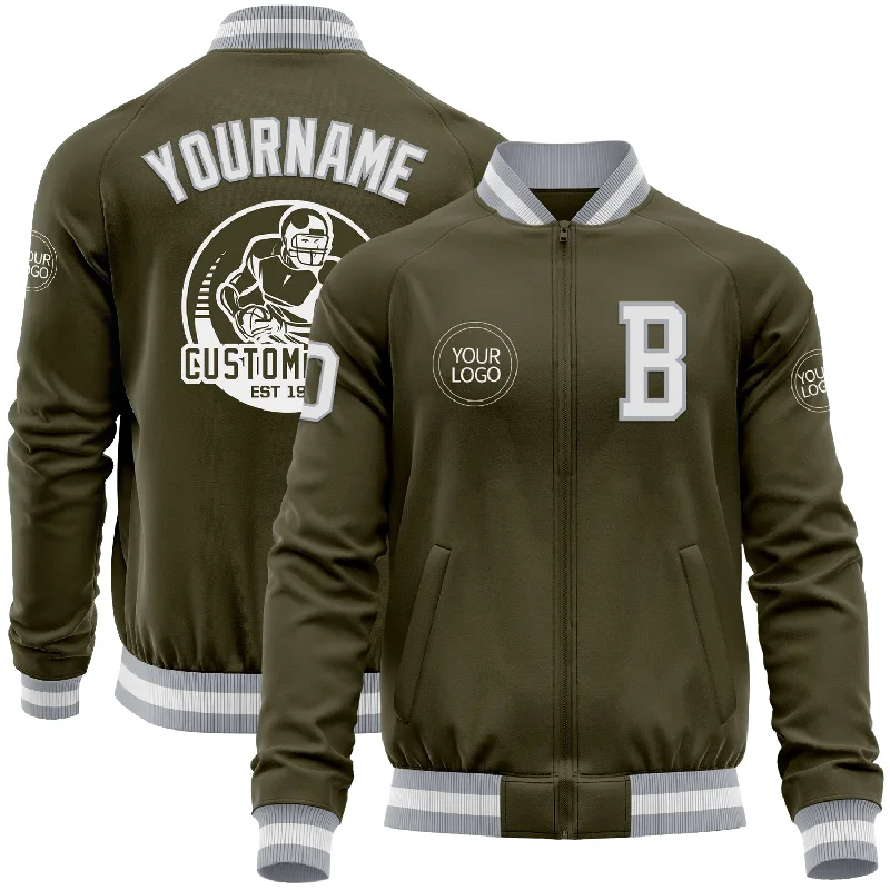 Fishing tackle all-in-one-Custom Olive White-Gray Bomber Varsity Letterman Salute To Service Zipper Jacket