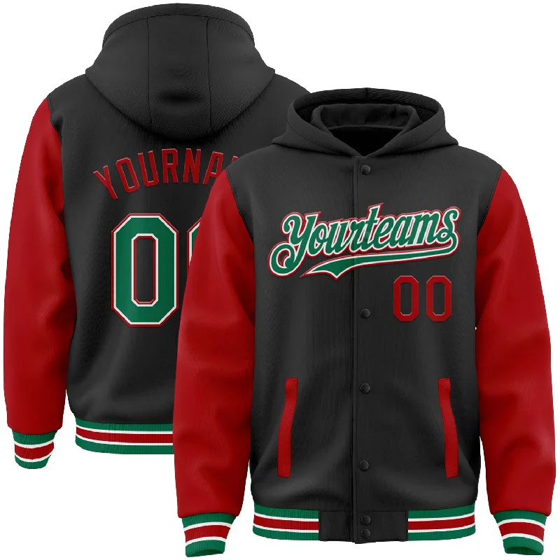 Fishing hook wide gap-Custom Black Kelly Green-Red Bomber Full-Snap Varsity Letterman Two Tone Hoodie Jacket