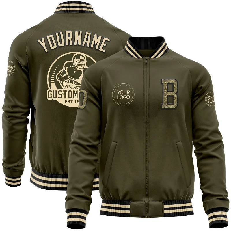 Fishing tackle easy storage-Custom Olive Camo Black-Cream Bomber Varsity Letterman Salute To Service Zipper Jacket