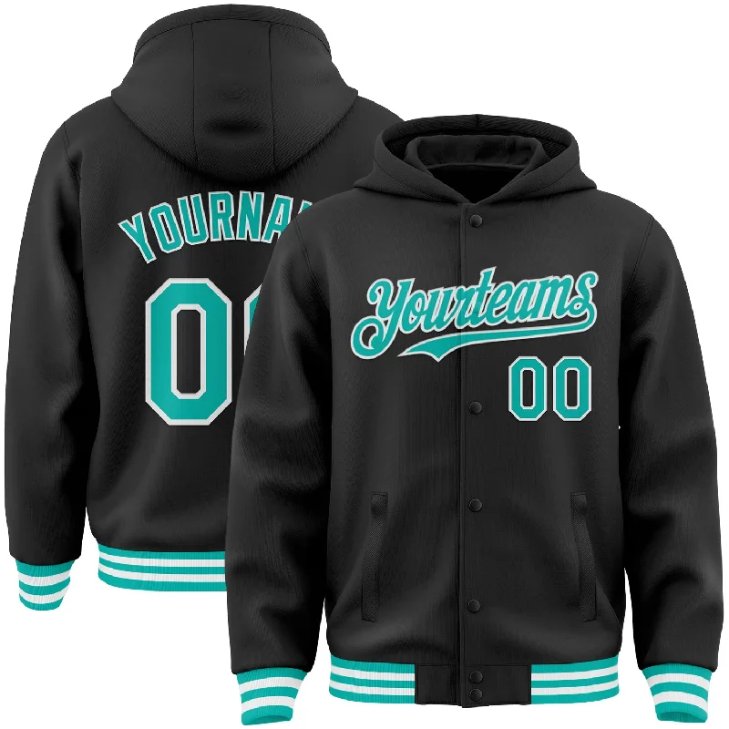 Fishing rod clamp-Custom Black Aqua-White Bomber Full-Snap Varsity Letterman Hoodie Jacket