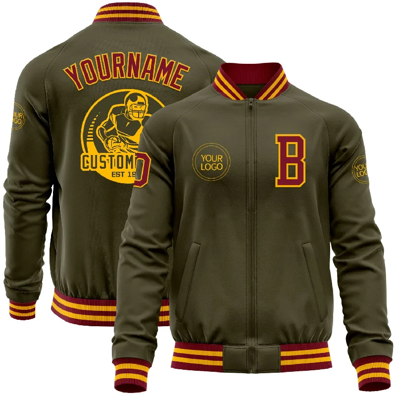 Fishing reel strong drag-Custom Olive Crimson-Gold Bomber Varsity Letterman Salute To Service Zipper Jacket