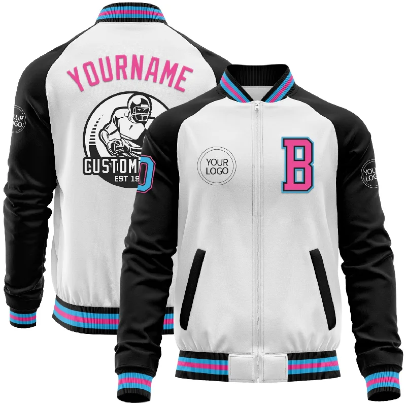 Fishing bait scoop-Custom White Sky Blue Black-Pink Bomber Varsity Letterman Two Tone Zipper Jacket