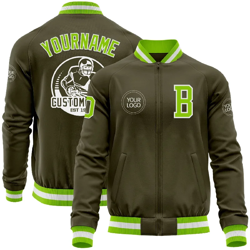 Fishing tackle minimalist-Custom Olive Neon Green-White Bomber Varsity Letterman Salute To Service Zipper Jacket