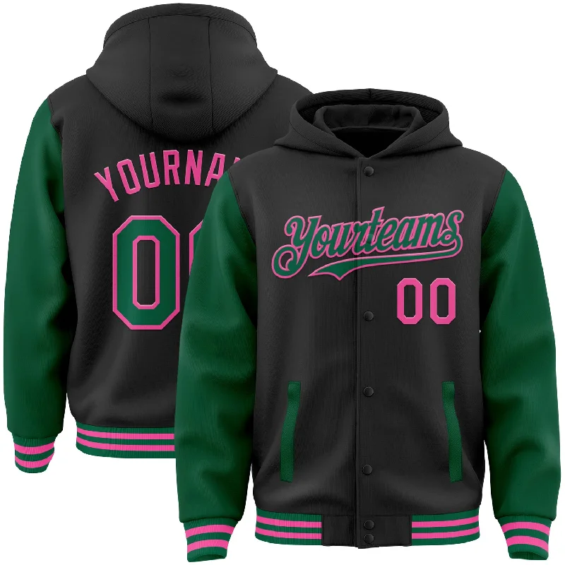 Fishing reel fast action-Custom Black Kelly Green-Pink Bomber Full-Snap Varsity Letterman Two Tone Hoodie Jacket