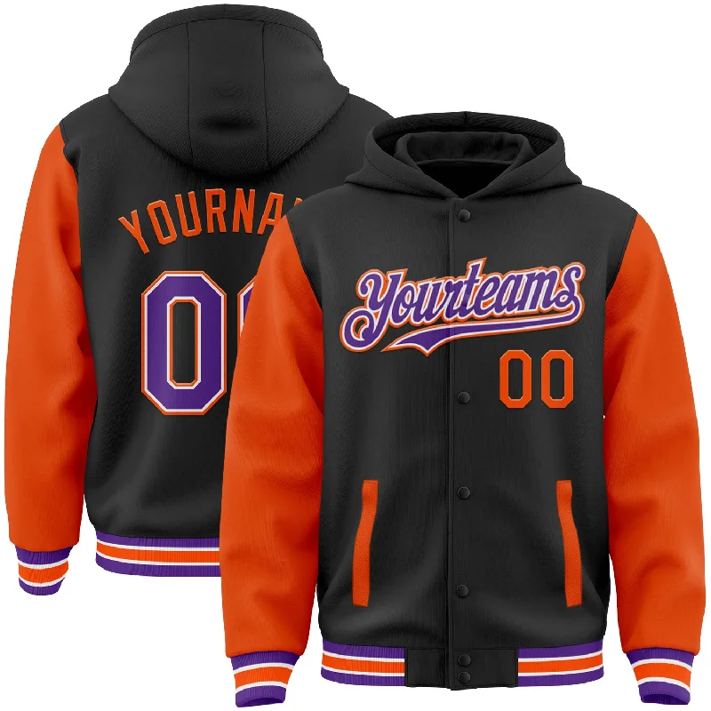 Fishing reel ergonomic-Custom Black Purple-Orange Bomber Full-Snap Varsity Letterman Two Tone Hoodie Jacket