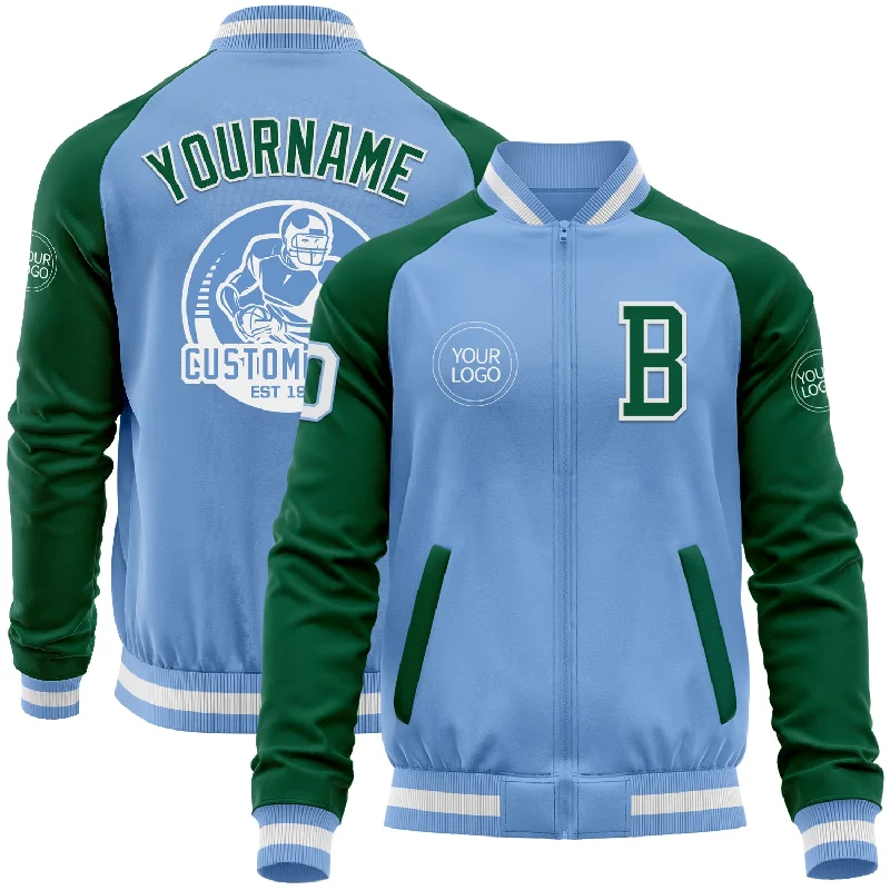 Fishing hook weedless-Custom Light Blue White-Kelly Green Bomber Varsity Letterman Two Tone Zipper Jacket