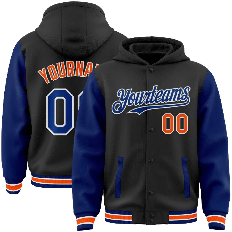 Fishing line visibility-Custom Black Royal-Orange Bomber Full-Snap Varsity Letterman Two Tone Hoodie Jacket