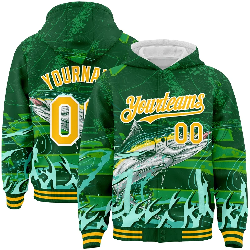 Fishing hook box-Custom Green Gold-White Tuna Fish Fishing 3D Bomber Full-Snap Varsity Letterman Hoodie Jacket