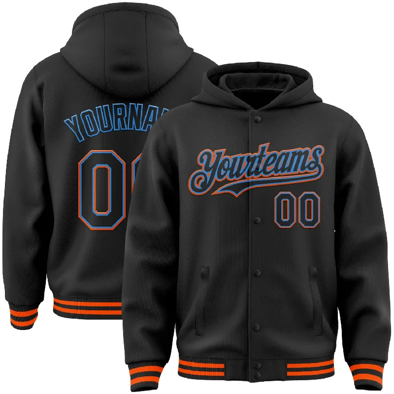 Fishing line knotless-Custom Black Powder Blue-Orange Bomber Full-Snap Varsity Letterman Hoodie Jacket