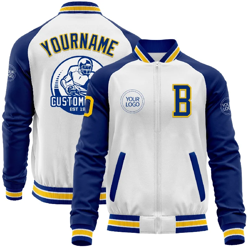 Fishing line spool holder-Custom White Yellow-Royal Bomber Varsity Letterman Two Tone Zipper Jacket